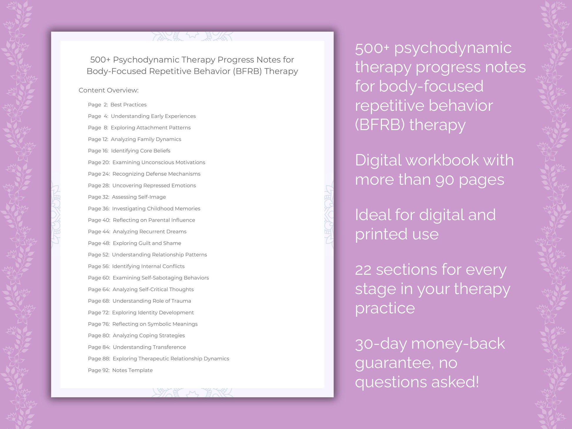 Body-Focused Repetitive Behavior (BFRB) Psychodynamic Therapy Therapist Worksheets