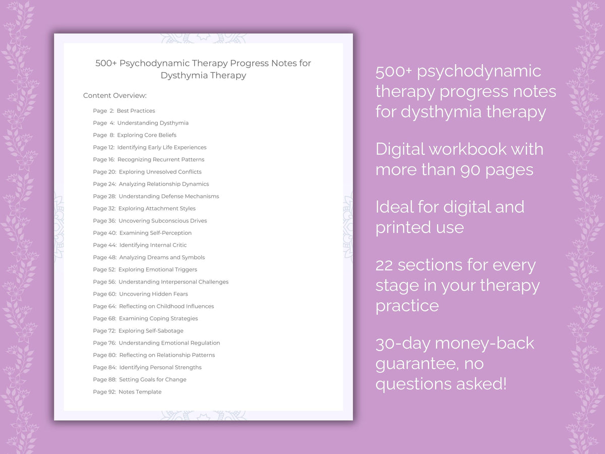 Dysthymia Psychodynamic Therapy Therapist Worksheets
