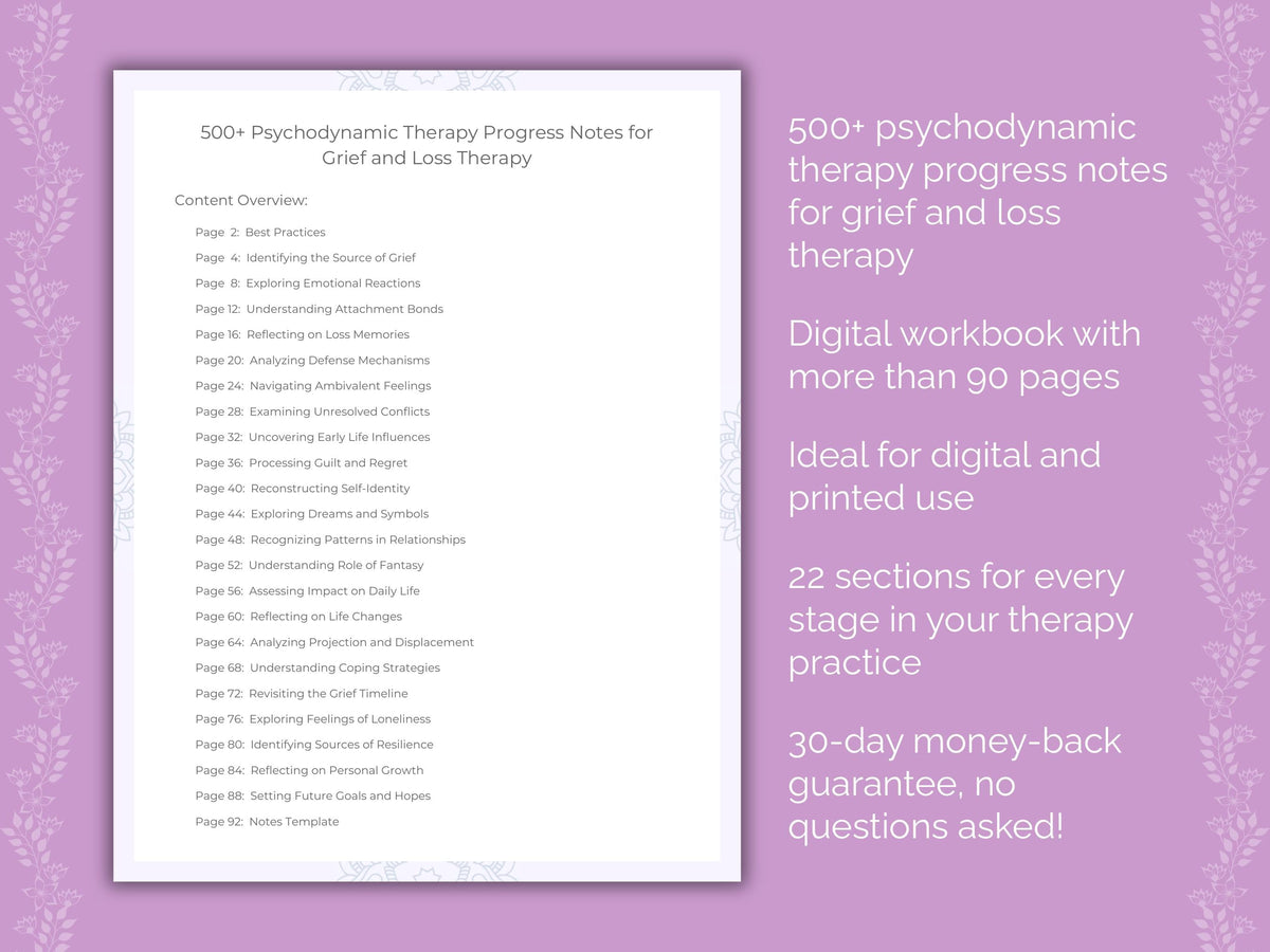 Grief and Loss Psychodynamic Therapy Therapist Worksheets
