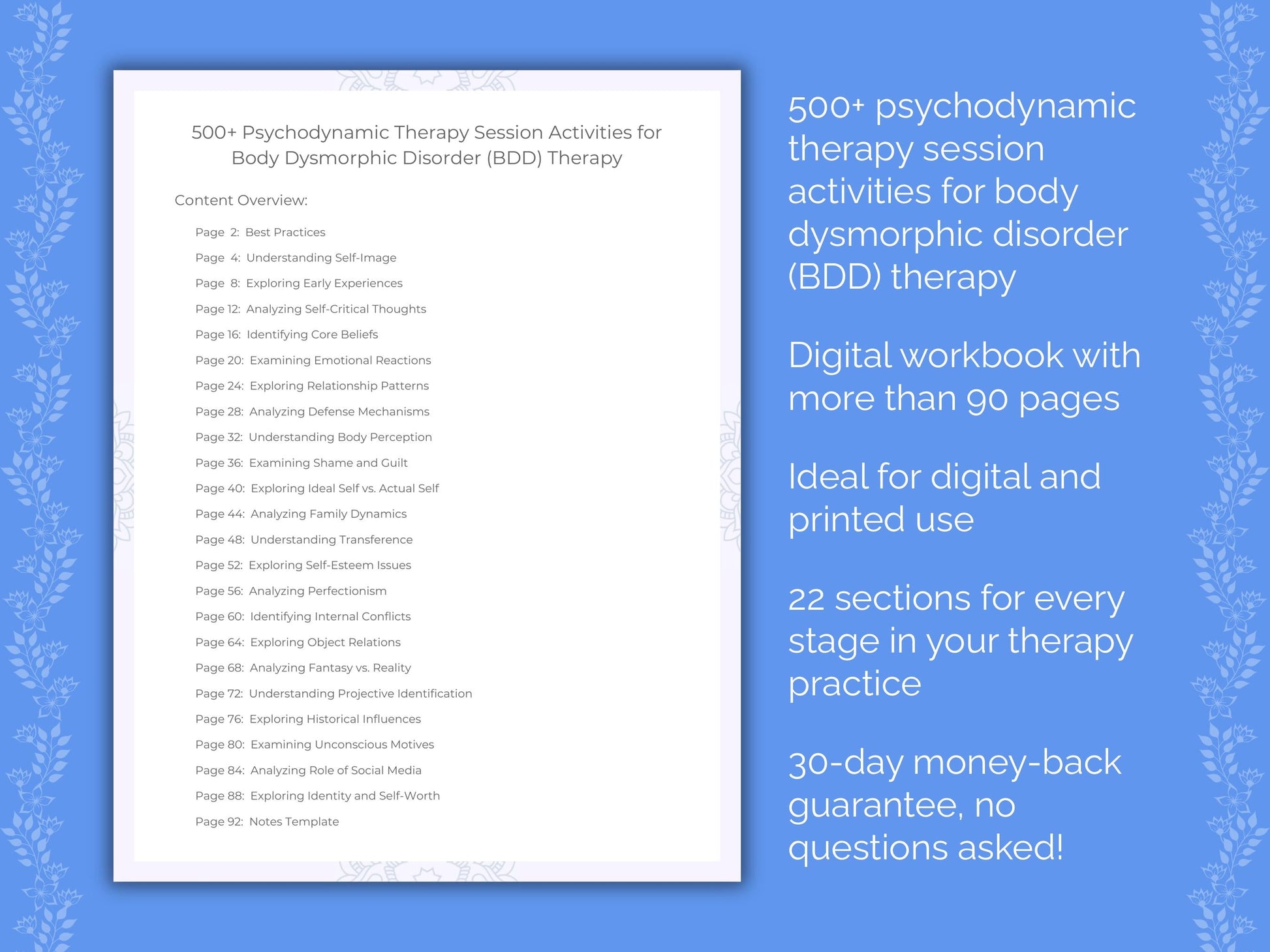 Body Dysmorphic Disorder (BDD) Psychodynamic Therapy Therapist Worksheets