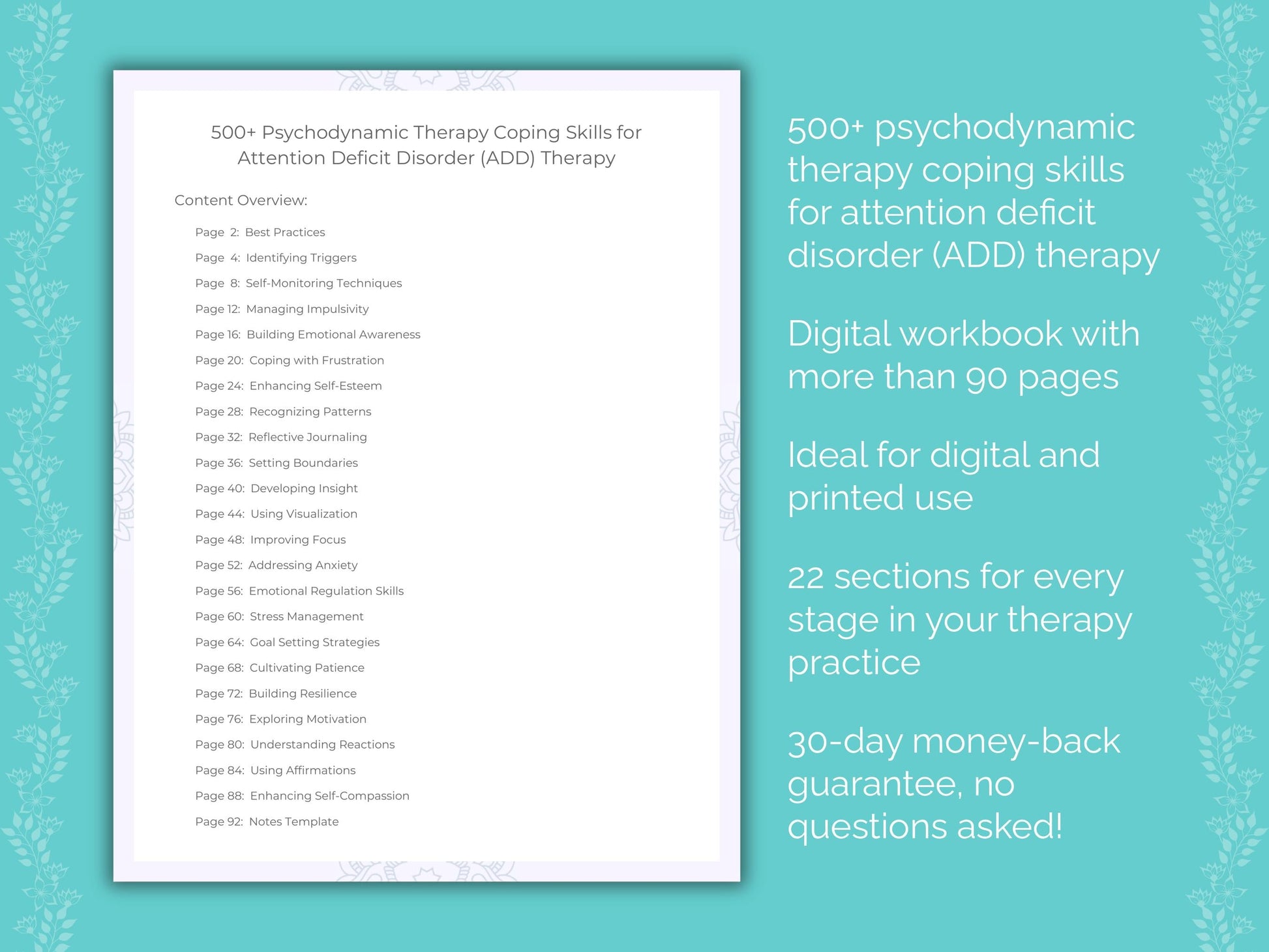 Attention Deficit Disorder (ADD) Psychodynamic Therapy Therapist Worksheets