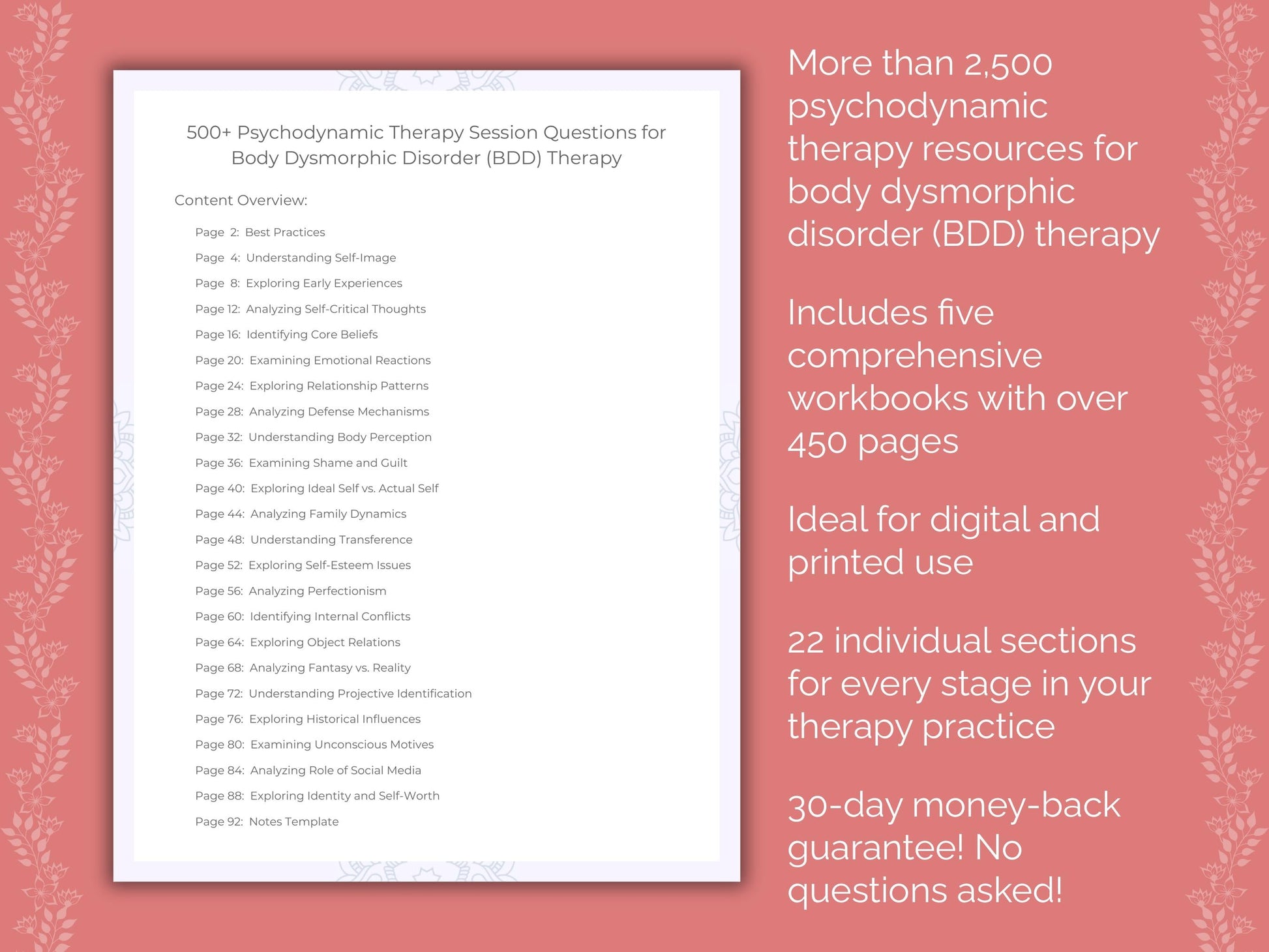 Body Dysmorphic Disorder (BDD) Psychodynamic Therapy Therapist Worksheets