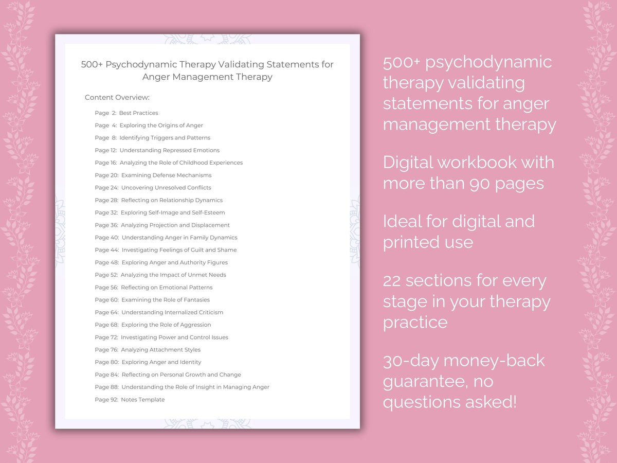 Anger Management Psychodynamic Therapy Therapist Worksheets