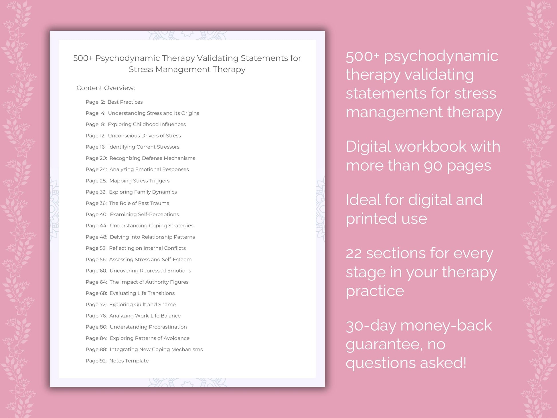 Stress Management Psychodynamic Therapy Therapist Worksheets