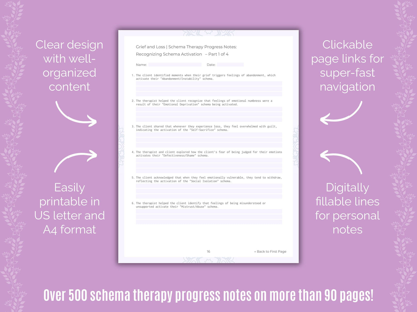 Grief and Loss Schema Therapy Counseling Templates