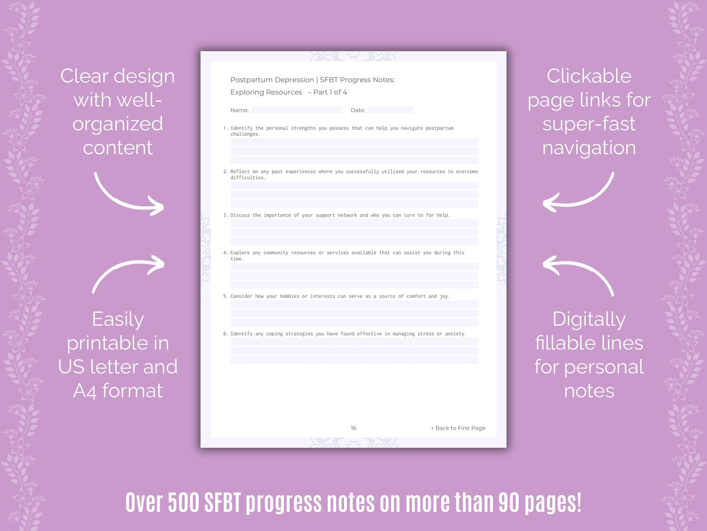 Postpartum Depression Solution-Focused Brief Therapy (SFBT) Counseling Templates