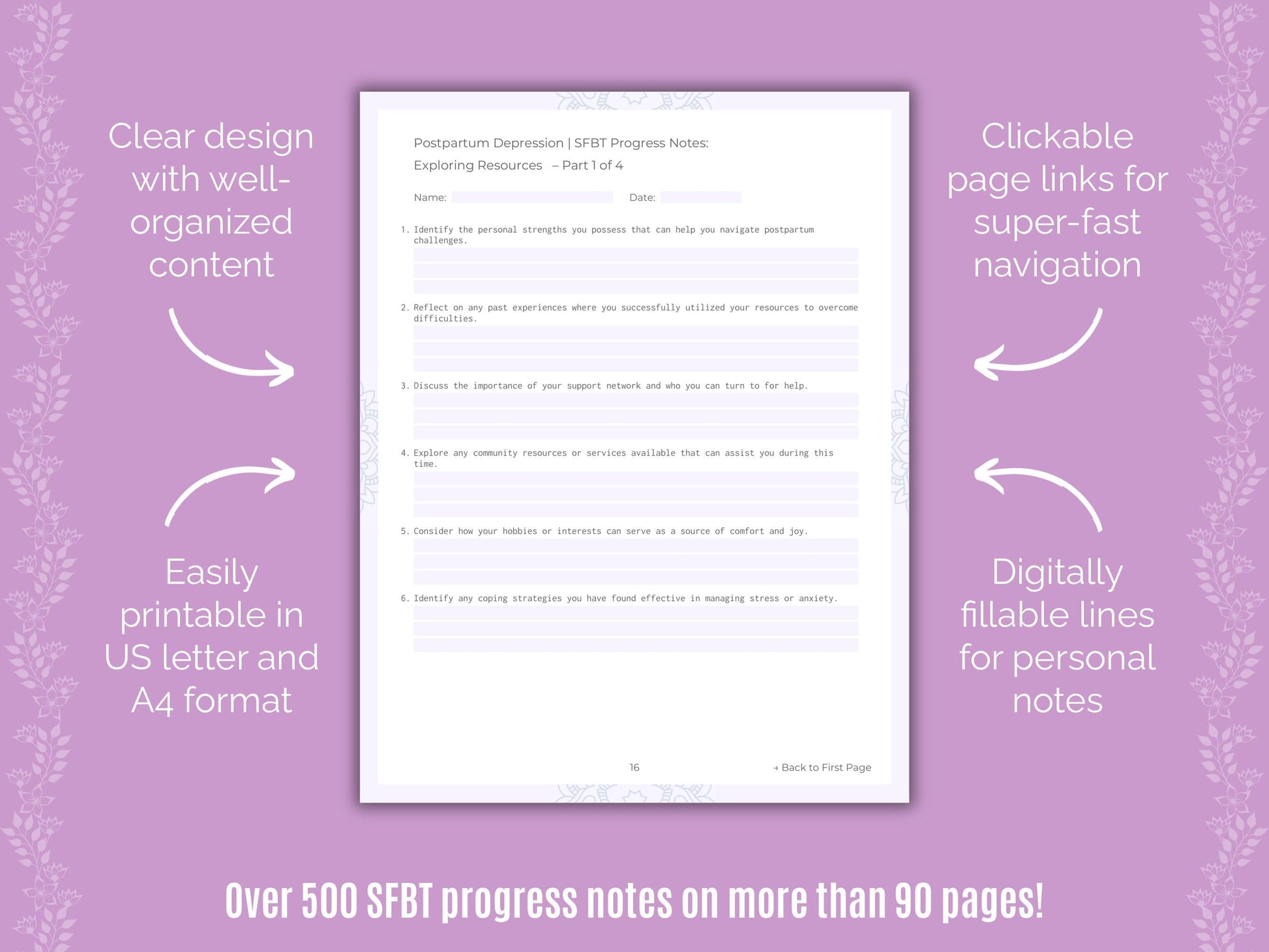 Postpartum Depression Solution-Focused Brief Therapy (SFBT) Counseling Templates