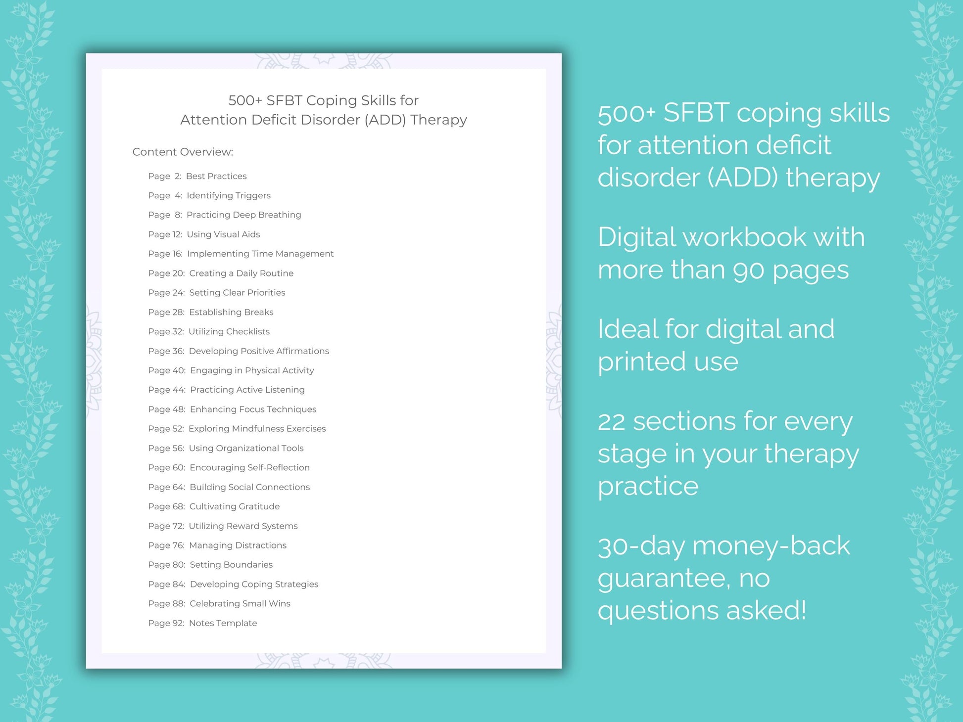 Attention Deficit Disorder (ADD) Solution-Focused Brief Therapy (SFBT) Therapist Worksheets