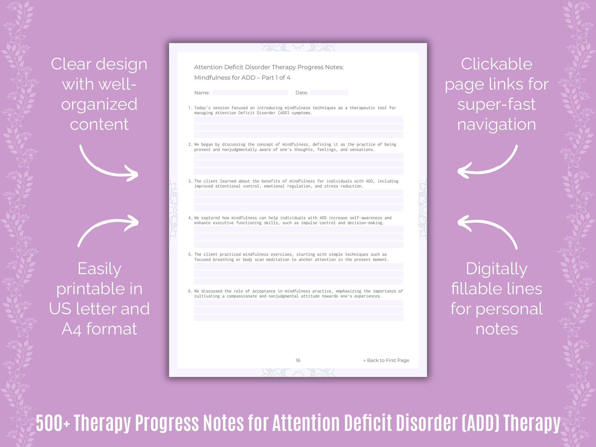 Attention Deficit Disorder (ADD) Therapy Counseling Templates