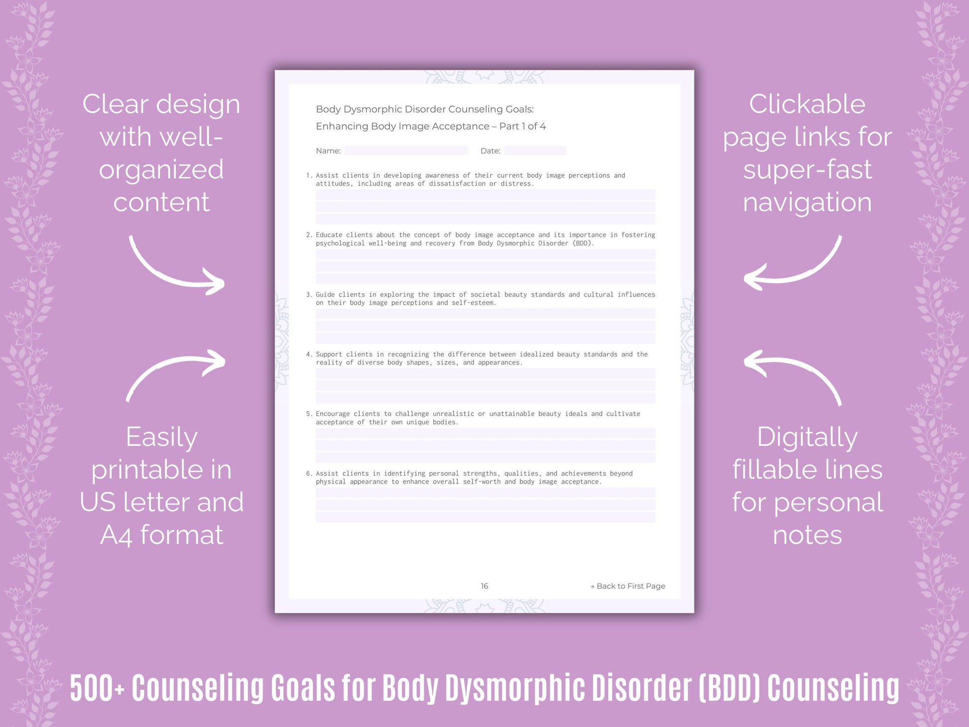 Body Dysmorphic Disorder (BDD) Counseling Goals Resource