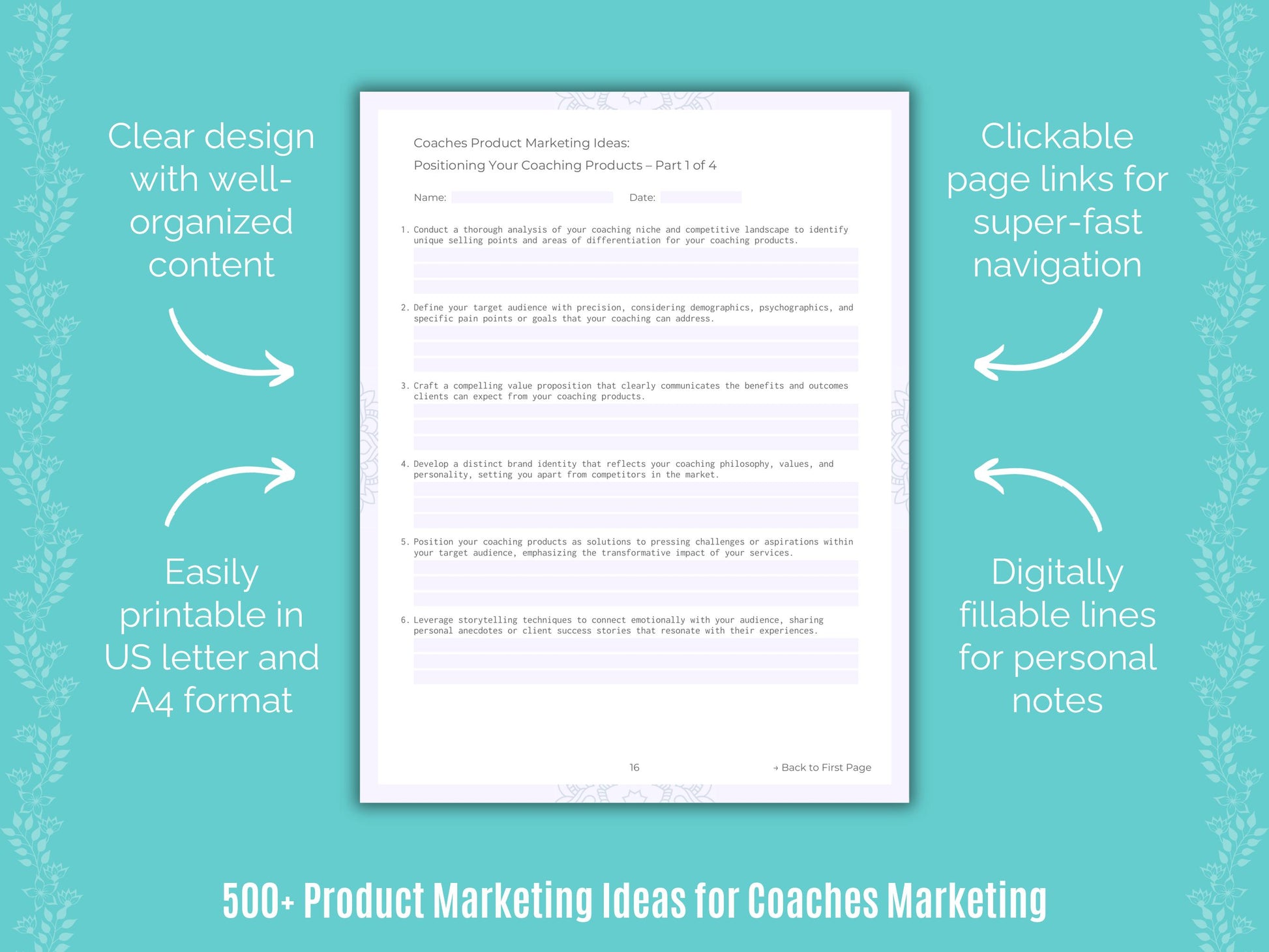 Coaches Product Marketing Ideas Worksheets