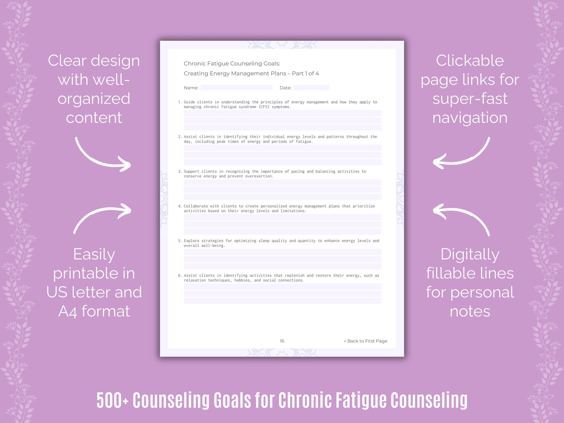 Chronic Fatigue Counseling Goals Worksheets