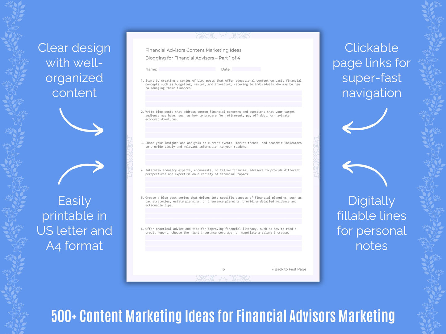 Financial Advisors Content Marketing Ideas Worksheets