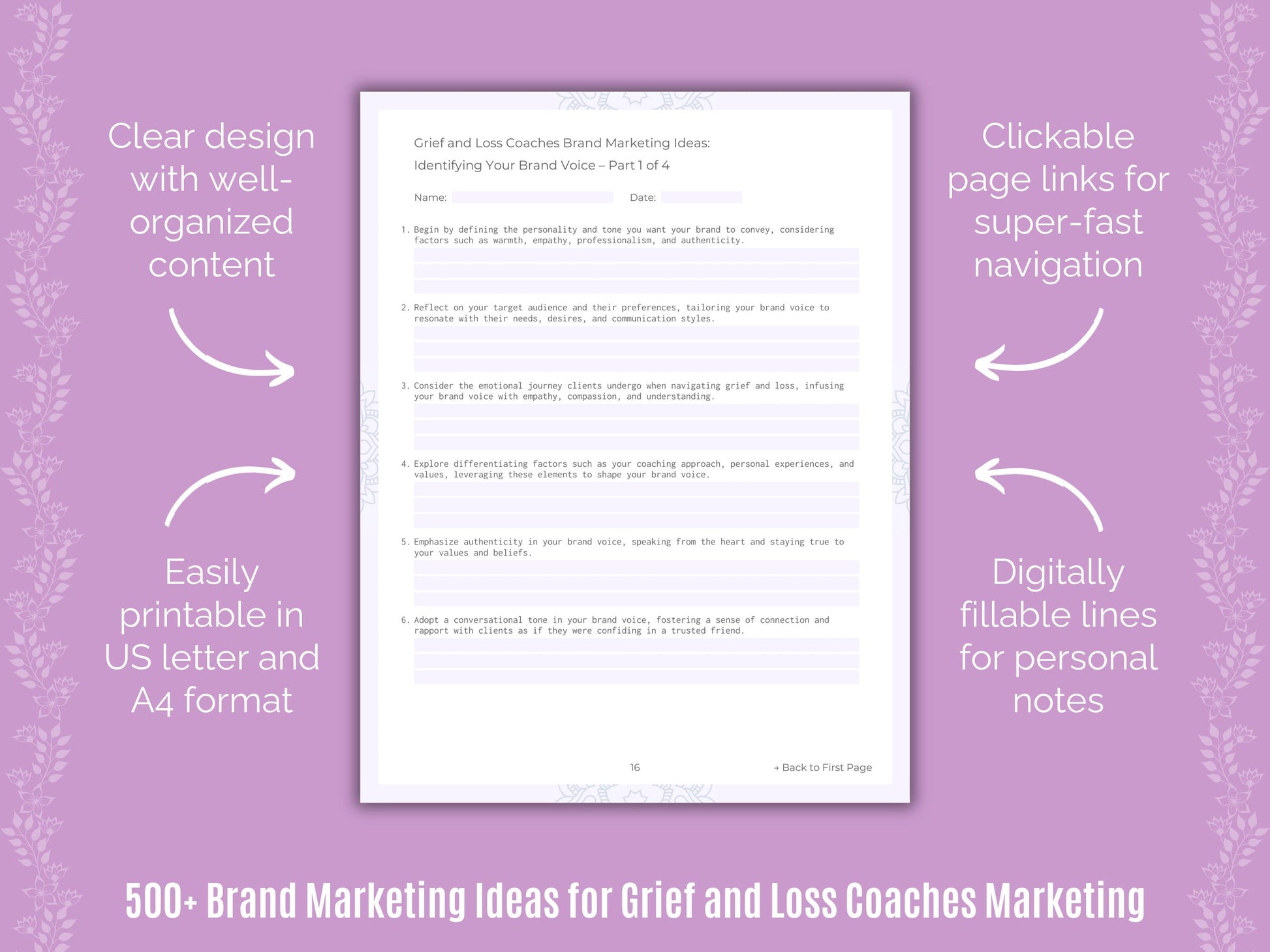 Grief and Loss Coaches Brand Marketing Ideas Worksheets