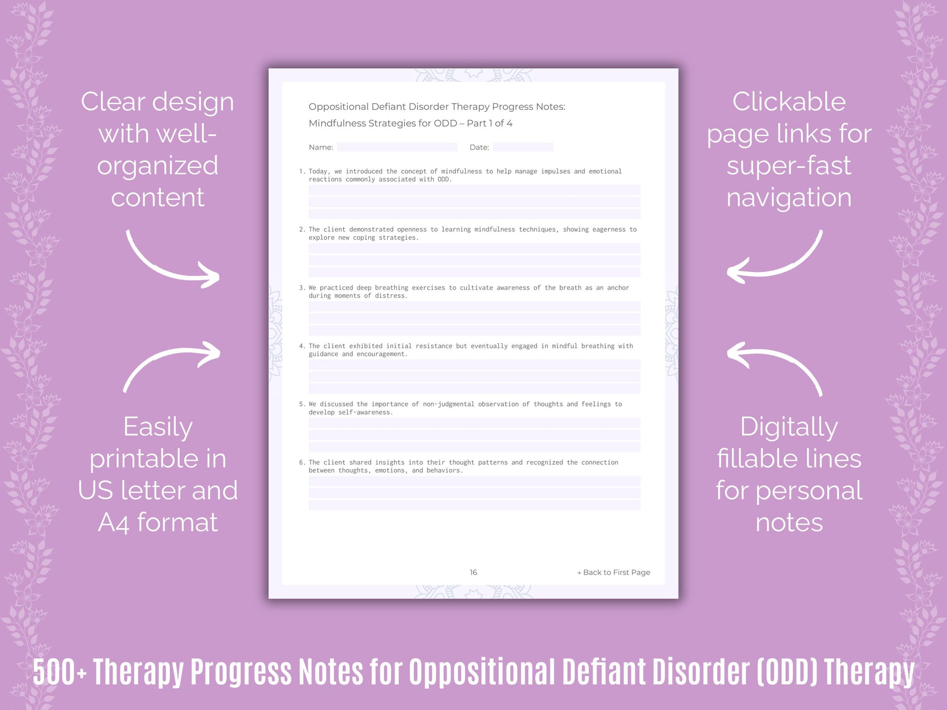 Oppositional Defiant Disorder (ODD) Therapy Progress Notes Workbook
