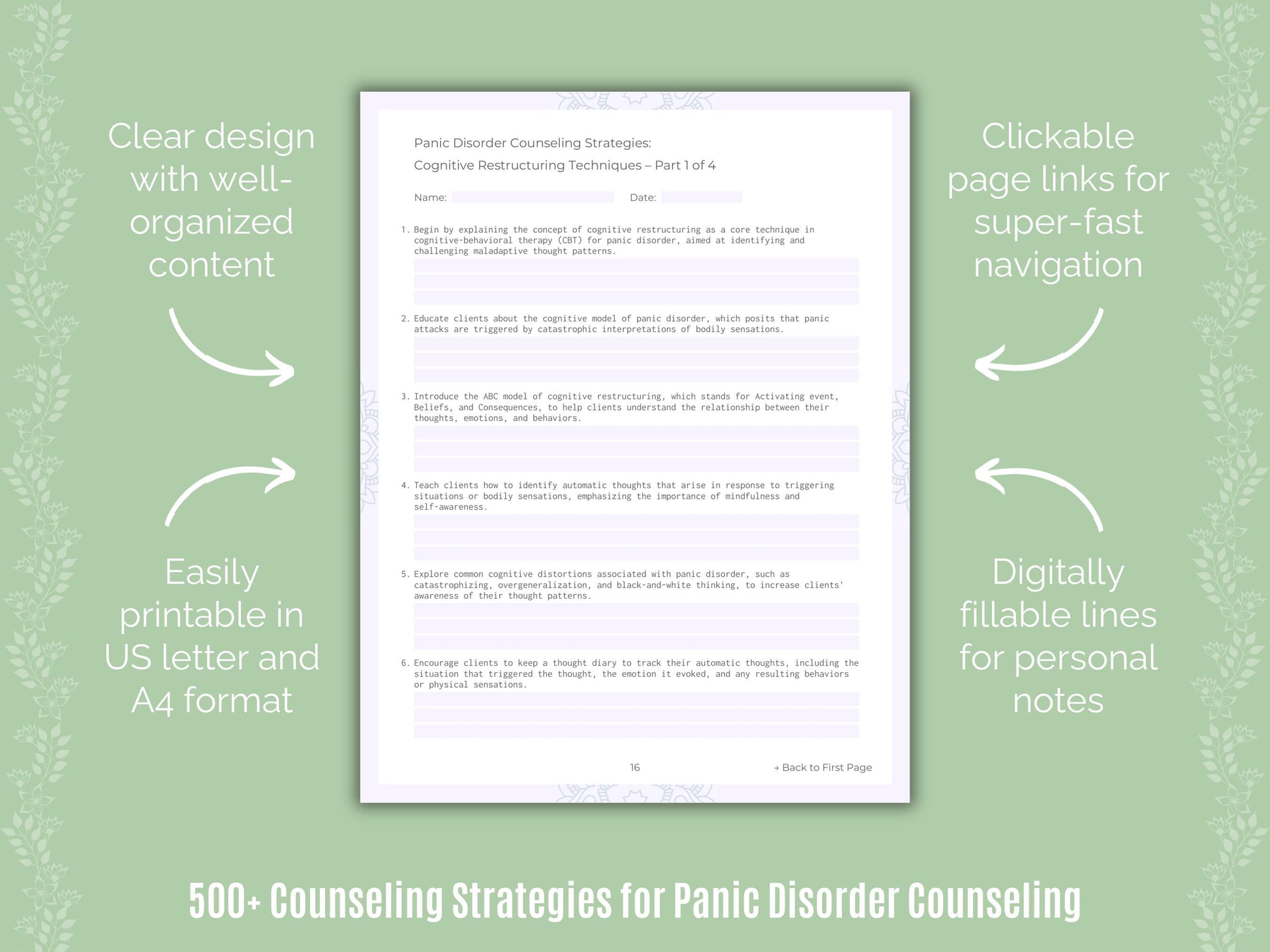 Panic Disorder Counseling Strategies Worksheets