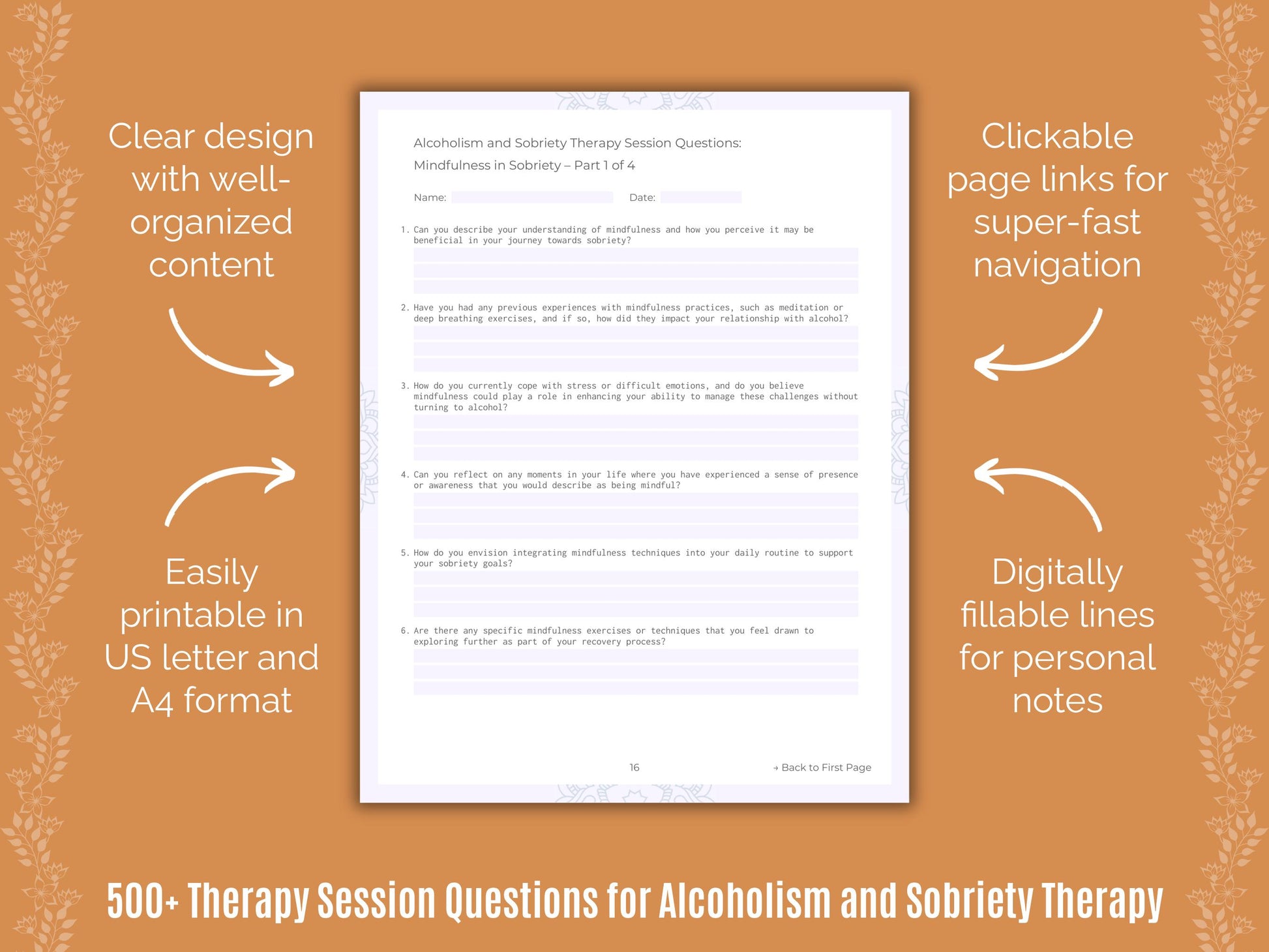 Alcoholism and Sobriety Therapy Session Questions Worksheets