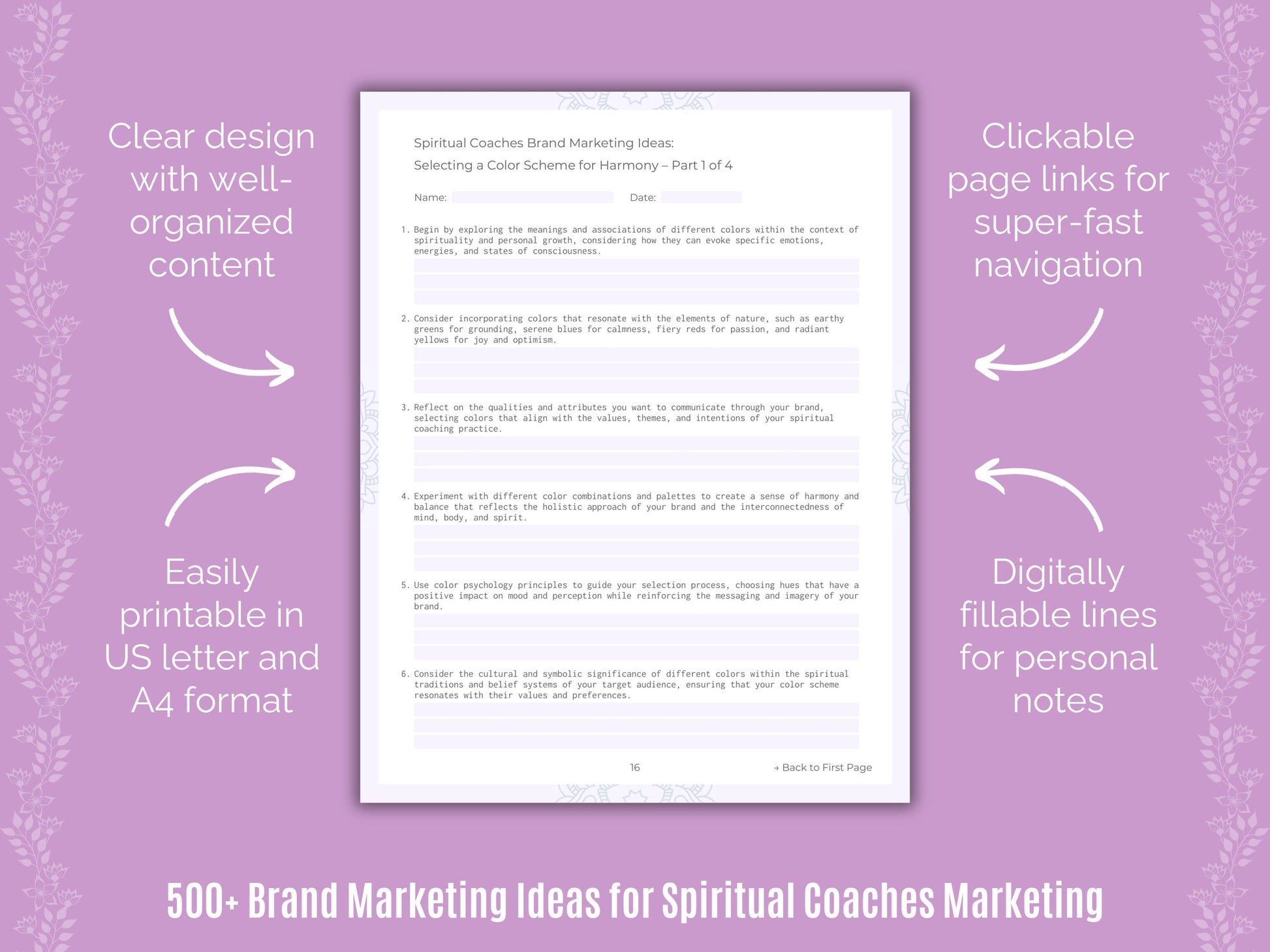 Spiritual Coaches Brand Marketing Ideas Worksheets