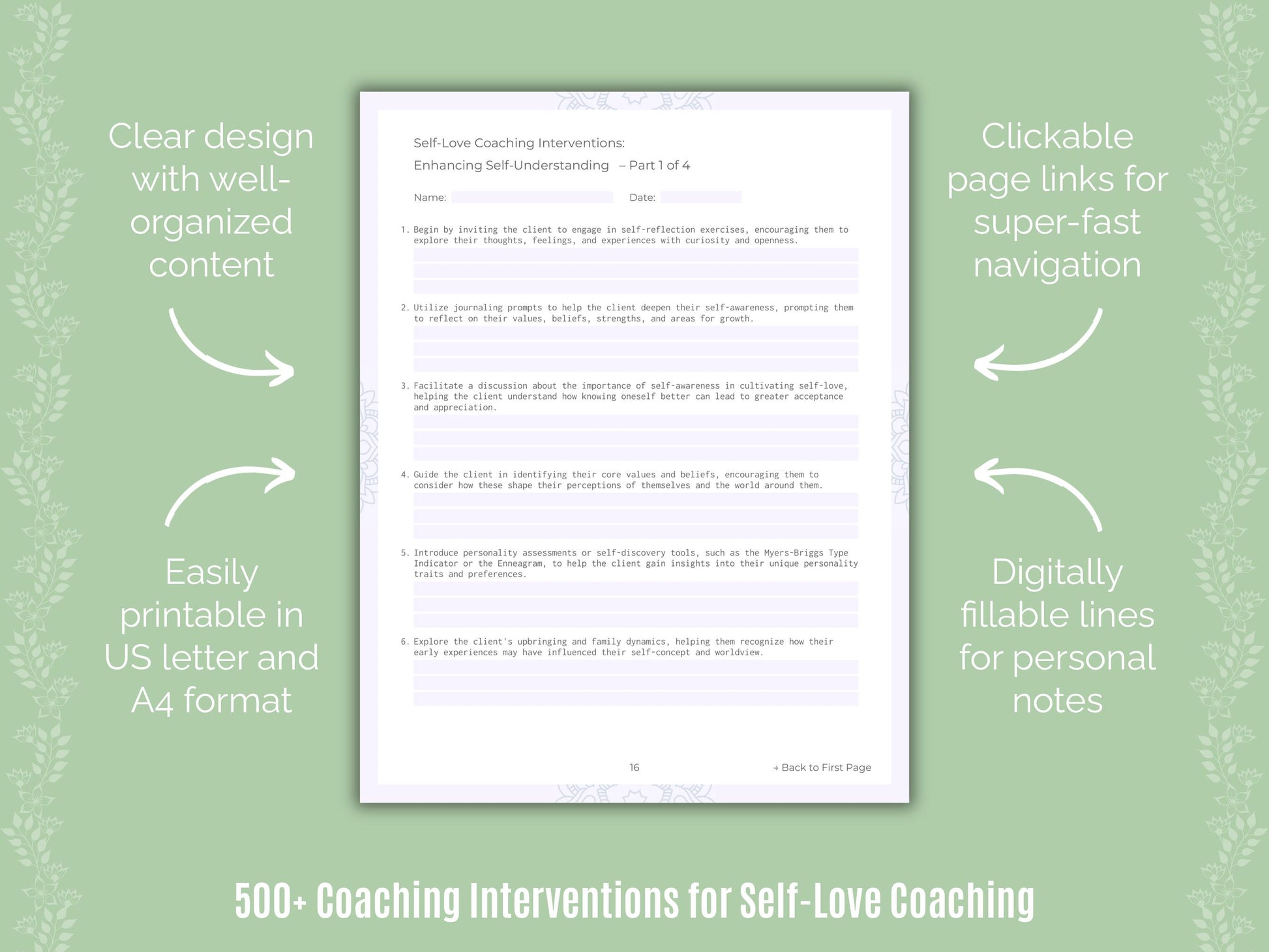 Self-Love Coaching Interventions Worksheets