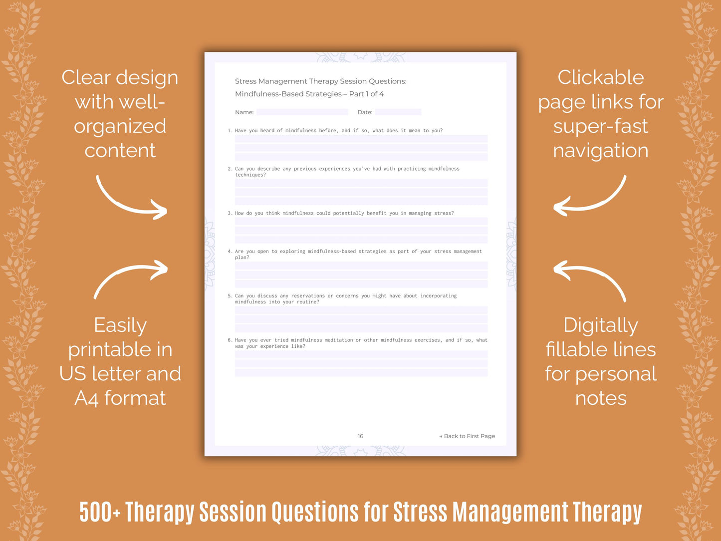 Stress Management Therapy Session Questions Workbook