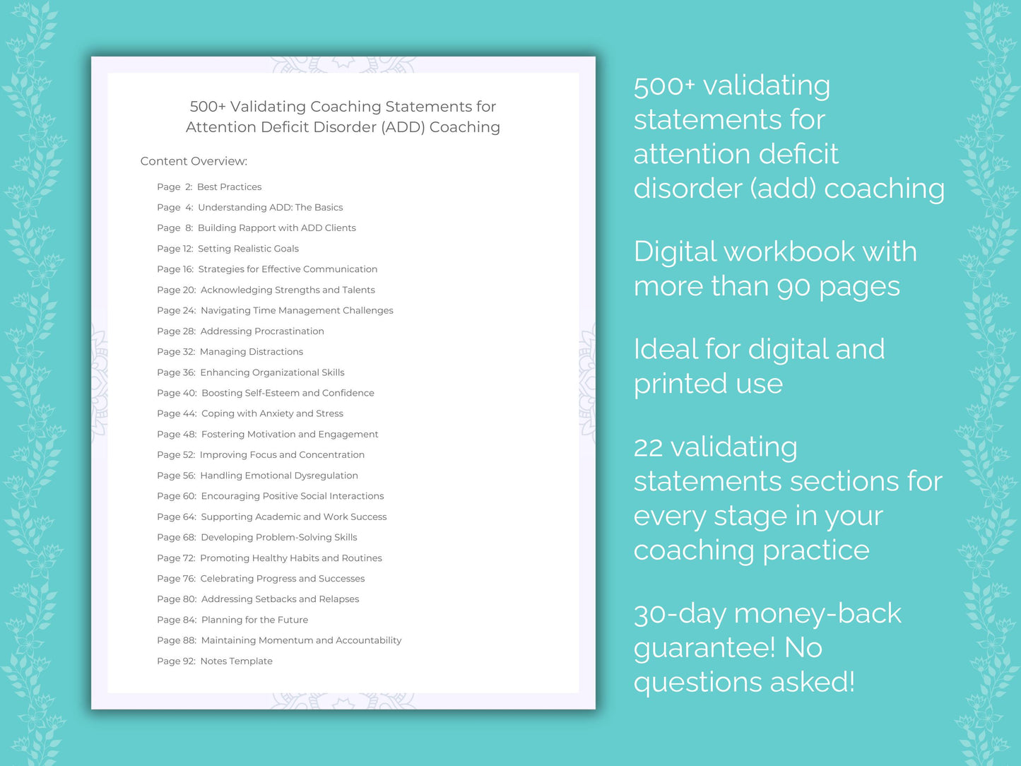 Attention Deficit Disorder (ADD) Validating Coaching Statements Worksheets