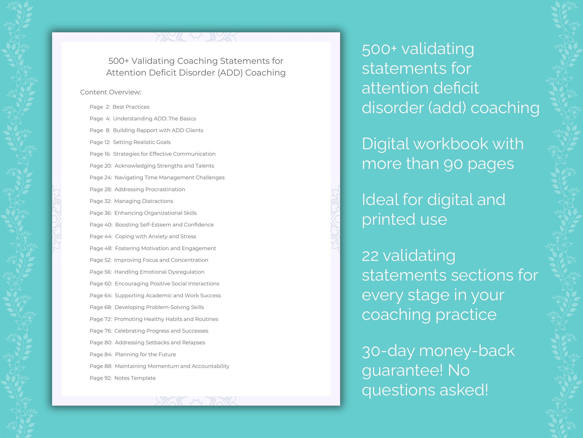 Attention Deficit Disorder (ADD) Validating Coaching Statements Worksheets