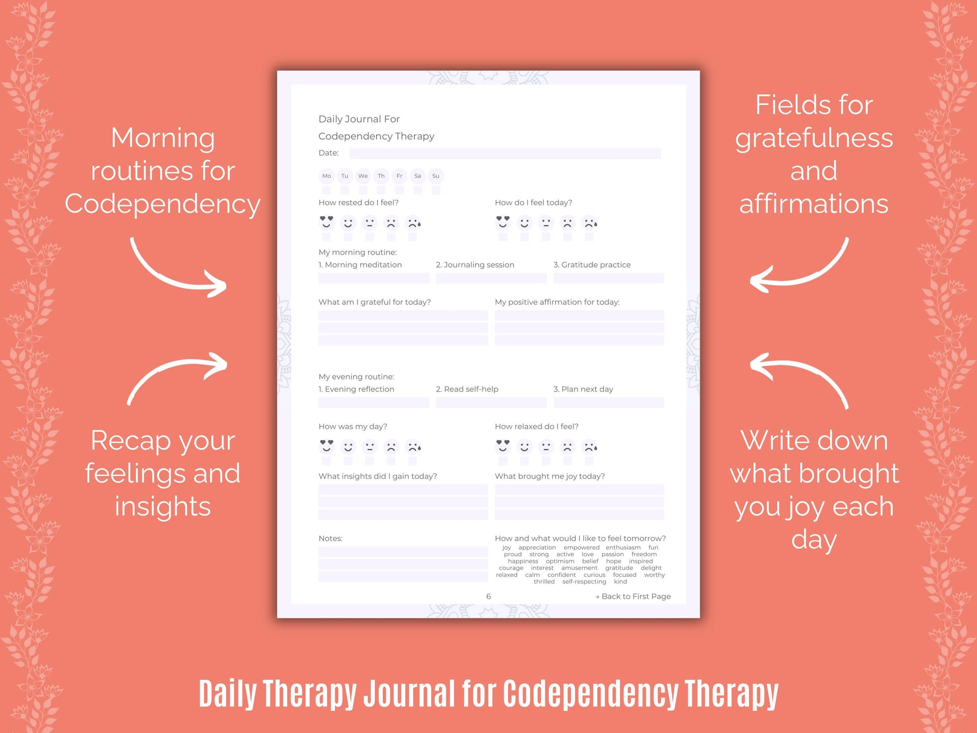 Codependency Therapy, Counseling, Workbooks, Journaling, Journals, Codependency Notes, Codependency Tools, Planners, Resources, Cheat Sheet, Goal Setting, Templates